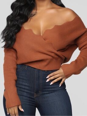 Fashion Nova Finding Love Cognac Sweater Off-Shoulder Scalloped Hem Rust Sweater